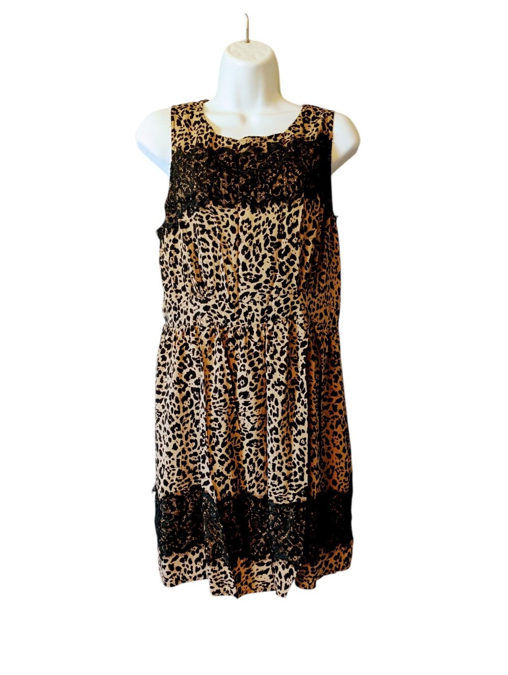 UP by Ultra Pink Leopard Print Mini Dress with Black Lace Sleeveless Sundress XL - Picture 2 of 11